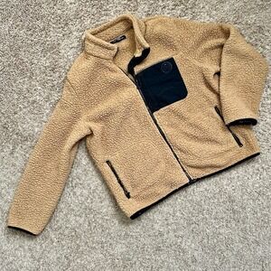 Tommy Hilfiger Sherpa Fleece Jacket I Tan Black Zip Up Casual Outerwear I XL